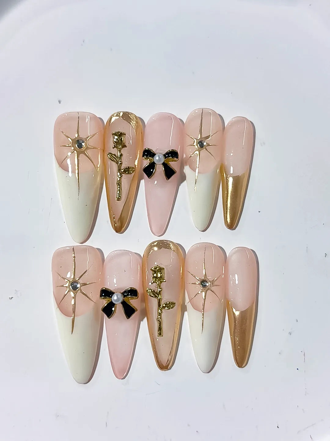Long Nude White Stiletto French tip Flower Bow