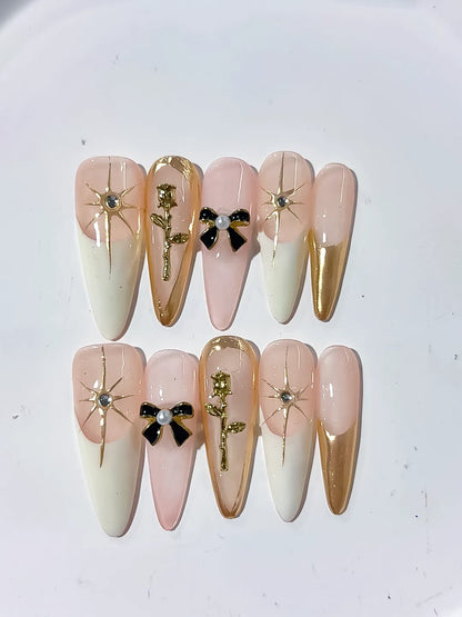 Long Nude White Stiletto French tip Flower Bow