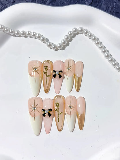 Long Nude White Stiletto French tip Flower Bow
