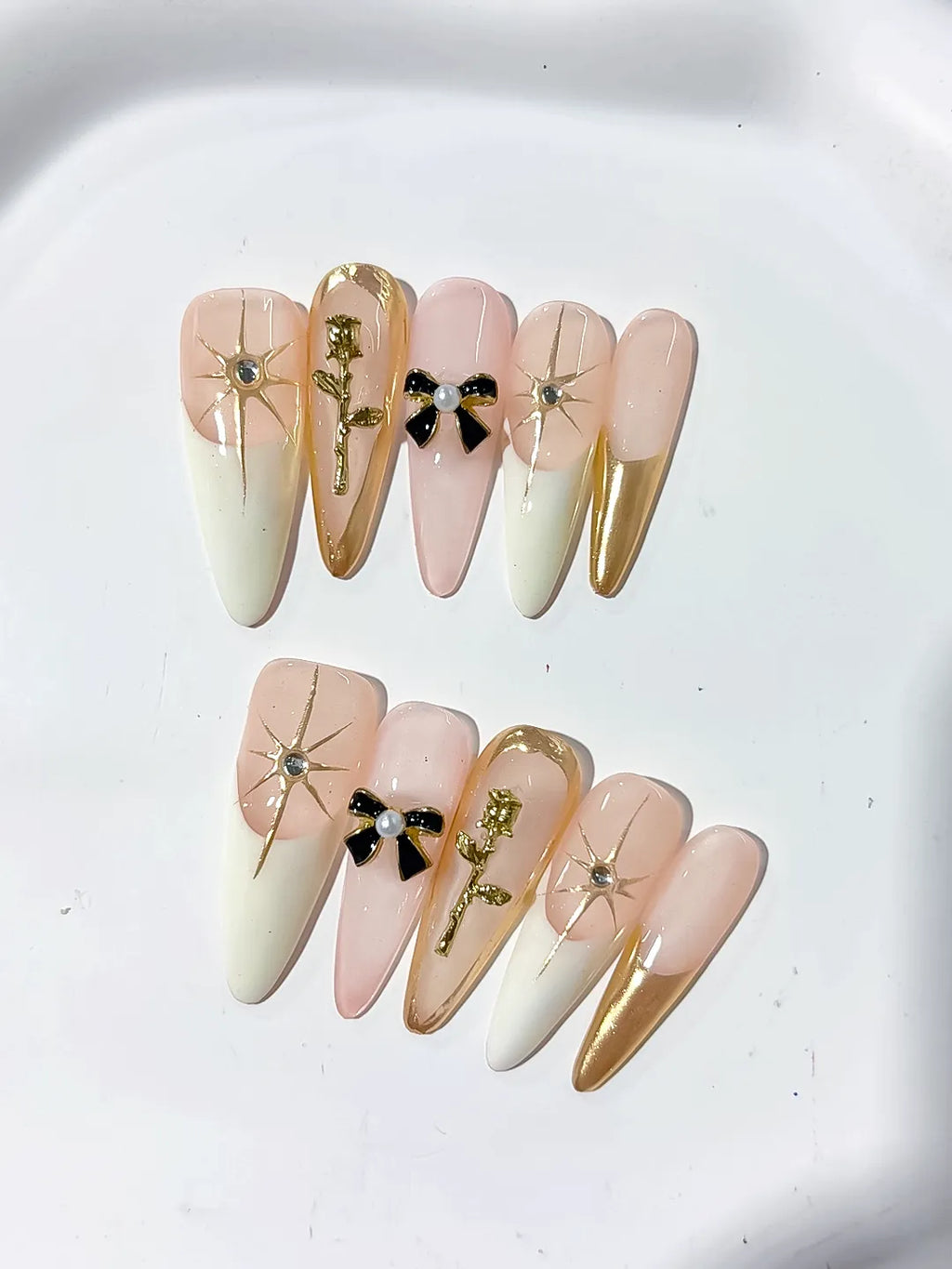 Long Nude White Stiletto French tip Flower Bow