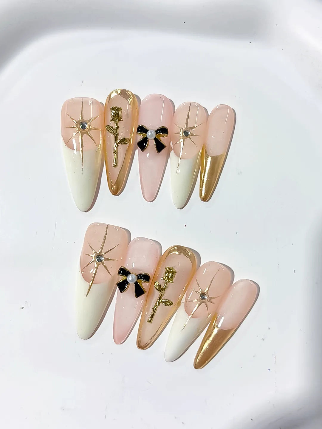 Long Nude White Stiletto French tip Flower Bow