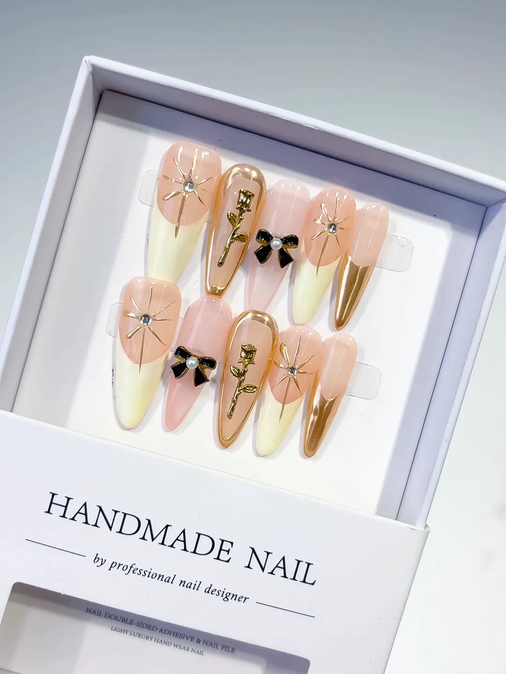 Long Nude White Stiletto French tip Flower Bow