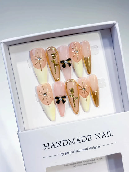 Long Nude White Stiletto French tip Flower Bow