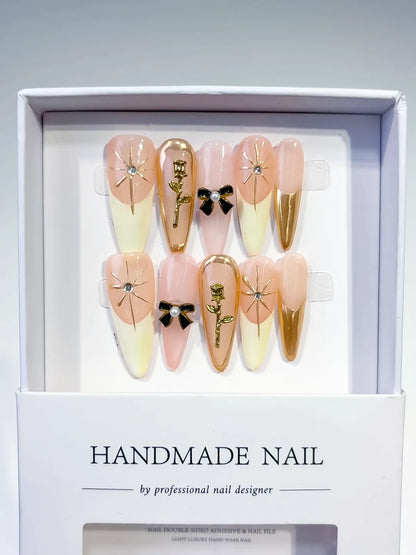Long Nude White Stiletto French tip Flower Bow