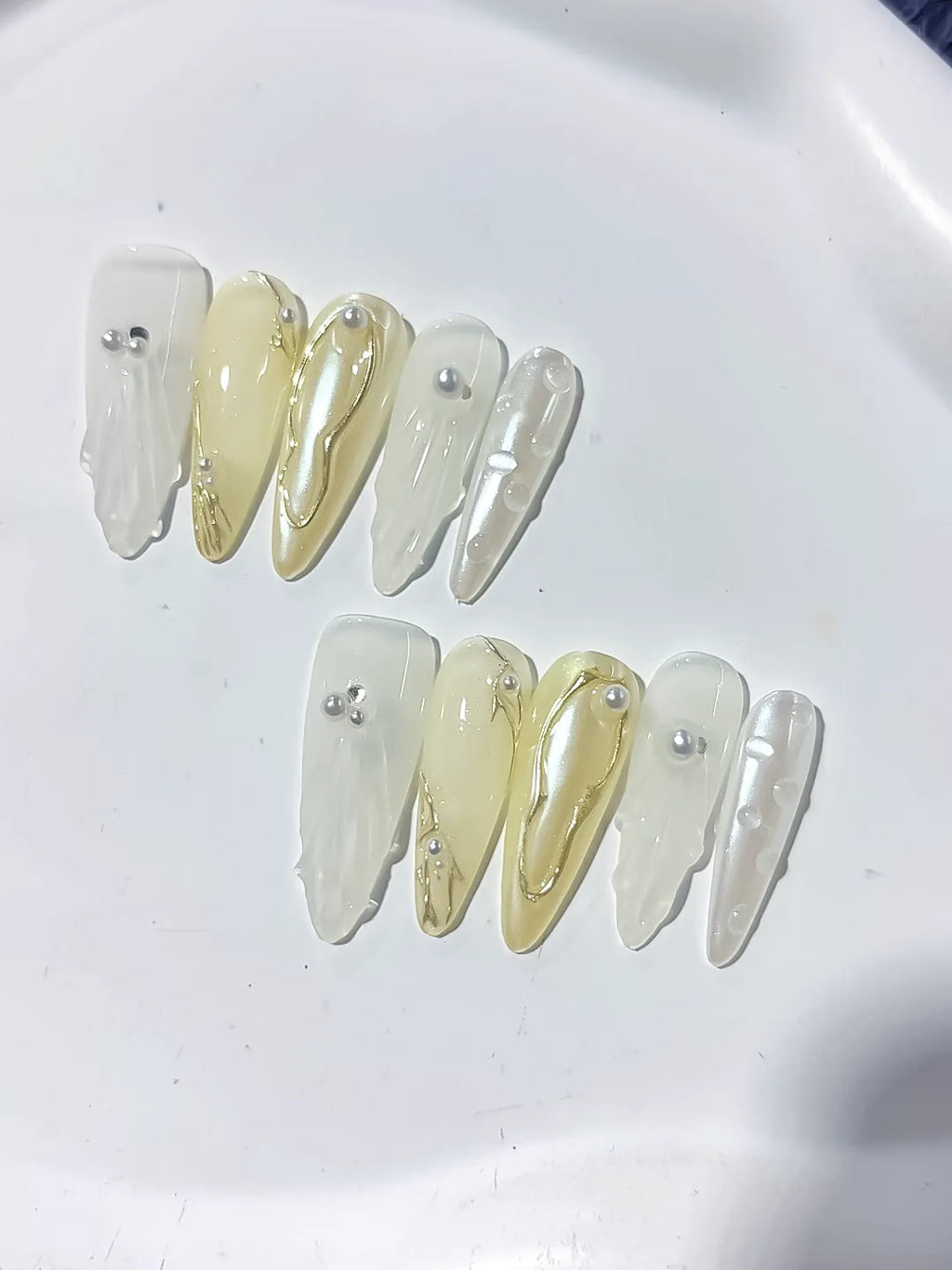 Long White Gold Stiletto Holographic Pearl Metallic Accent