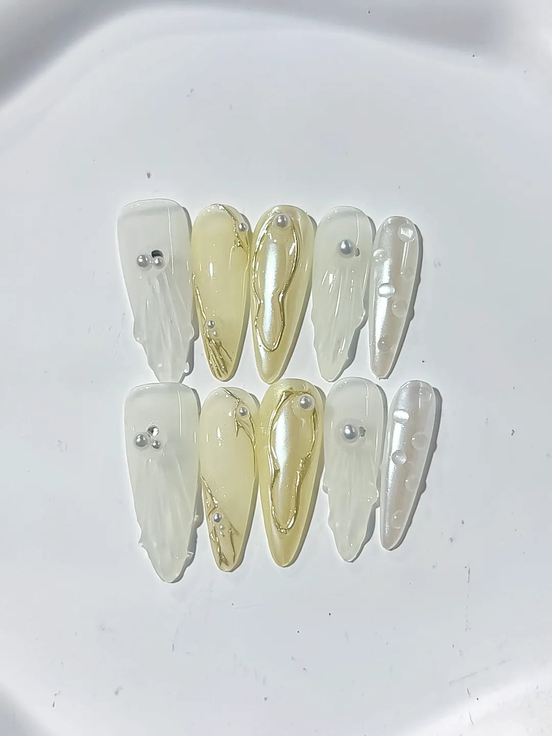 Long White Gold Stiletto Holographic Pearl Metallic Accent