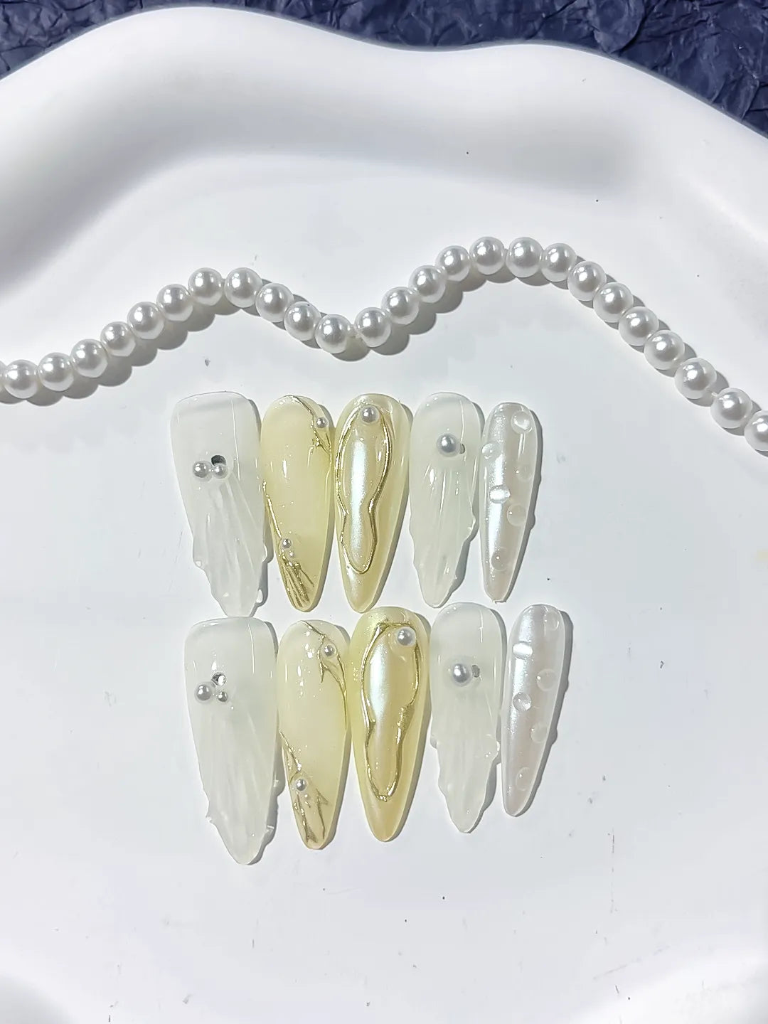 Long White Gold Stiletto Holographic Pearl Metallic Accent