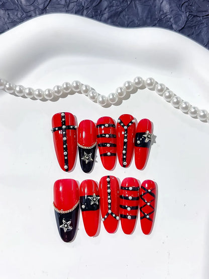 Long Red Black Oval Abstract Star Chain