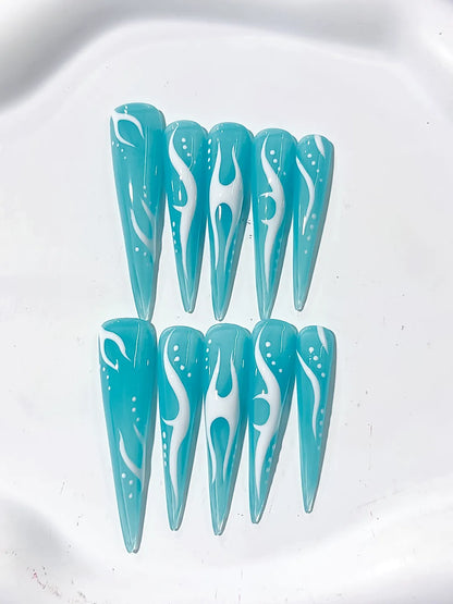Long Blue White Stiletto Abstract Flame