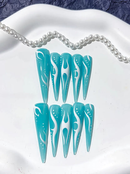 Long Blue White Stiletto Abstract Flame