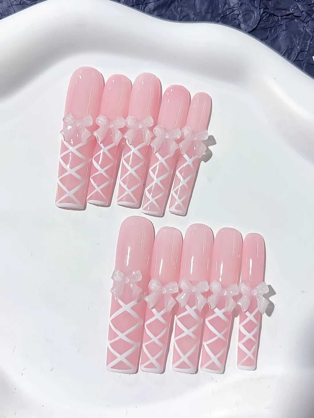Long Pink White Square Solid color Bow Linework