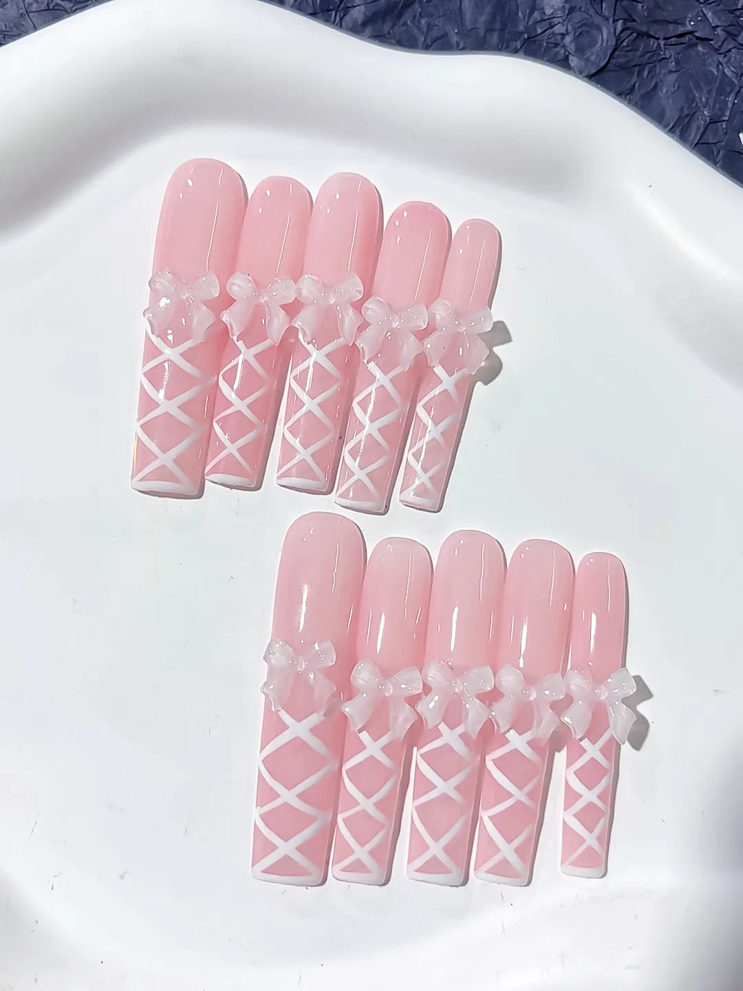 Long Pink White Square Solid color Bow Linework