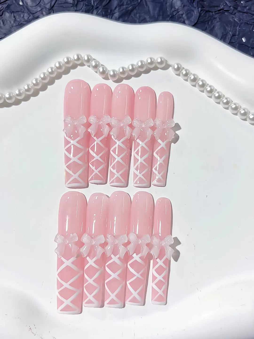 Long Pink White Square Solid color Bow Linework