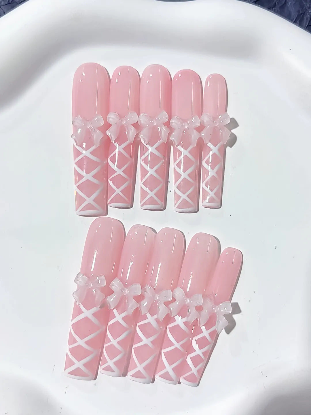 Long Pink White Square Solid color Bow Linework