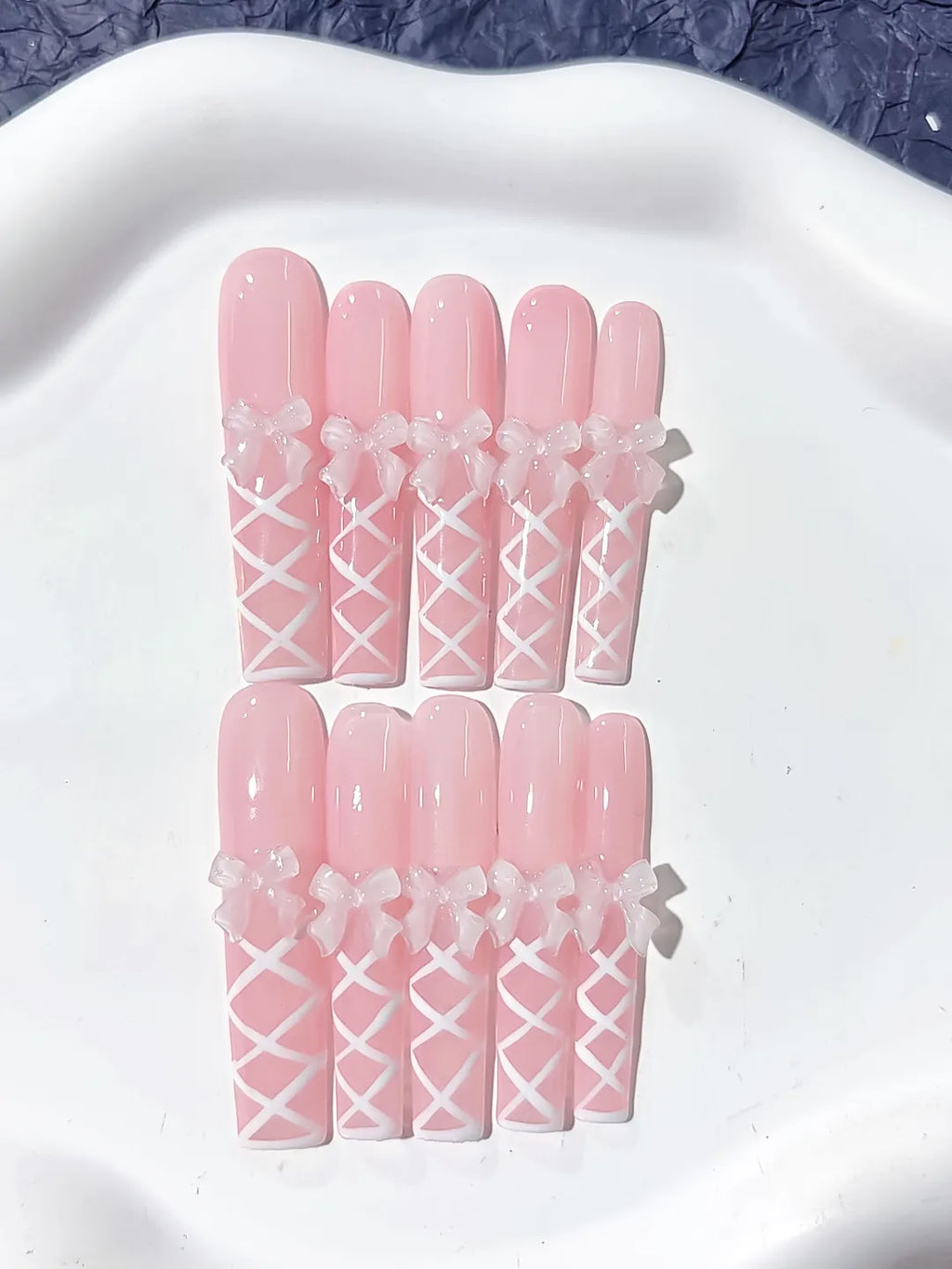 Long Pink White Square Solid color Bow Linework