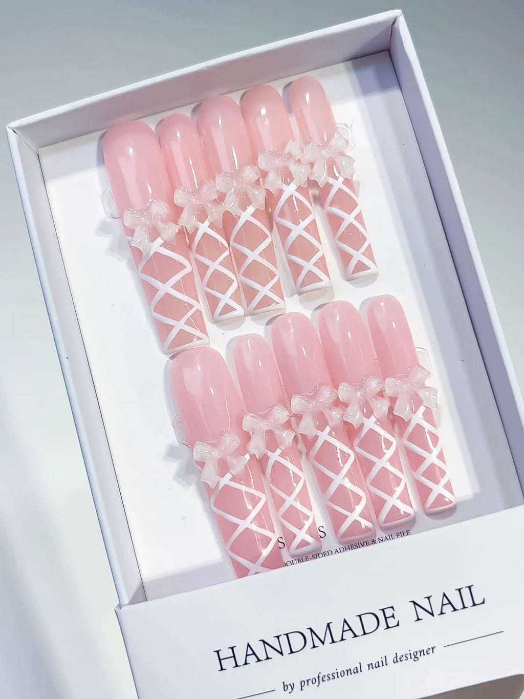 Long Pink White Square Solid color Bow Linework