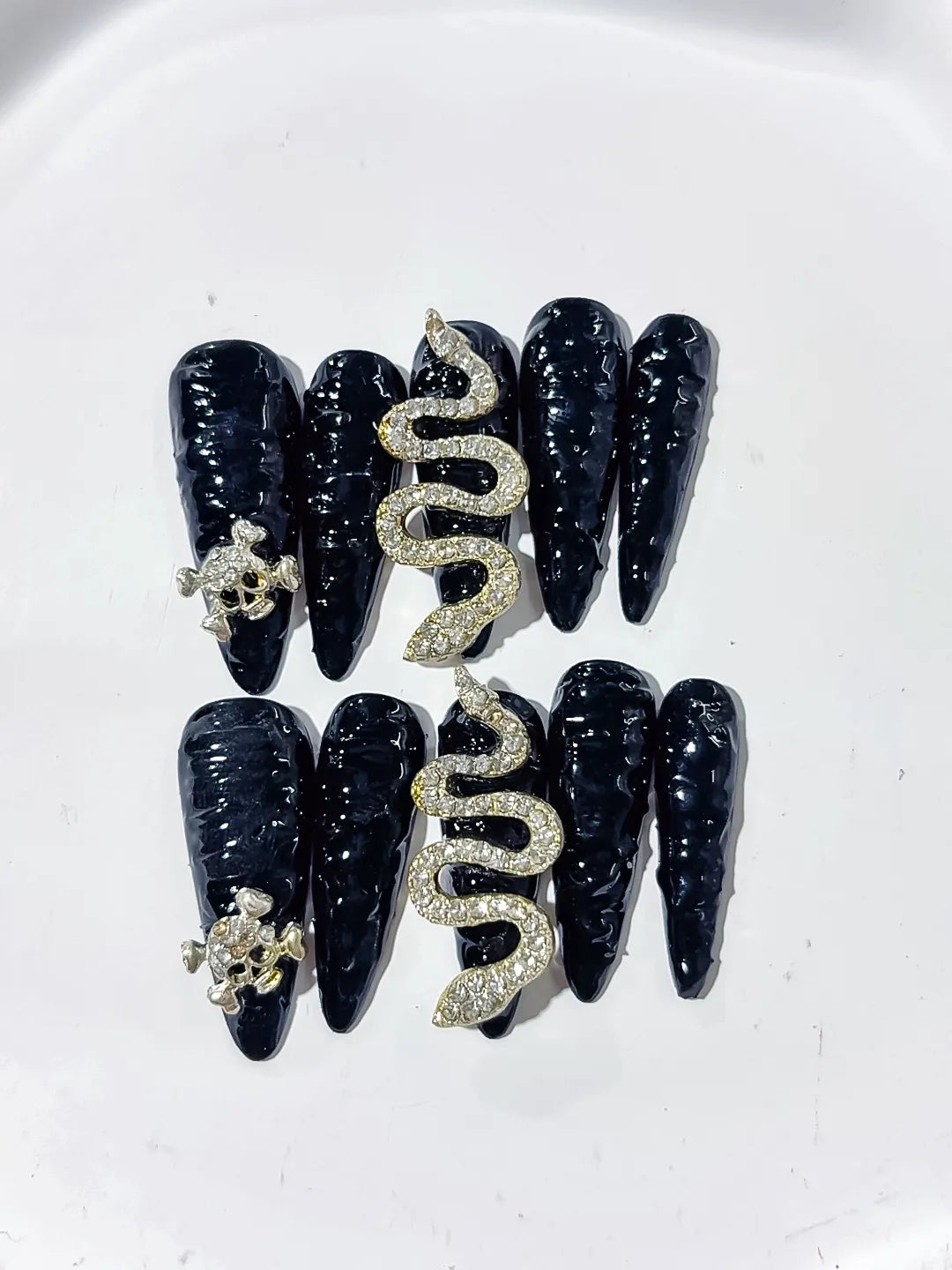 Long Black Gold Stiletto Solid color Snake Crown