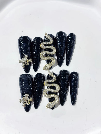 Long Black Gold Stiletto Solid color Snake Crown