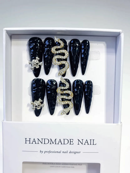 Long Black Gold Stiletto Solid color Snake Crown