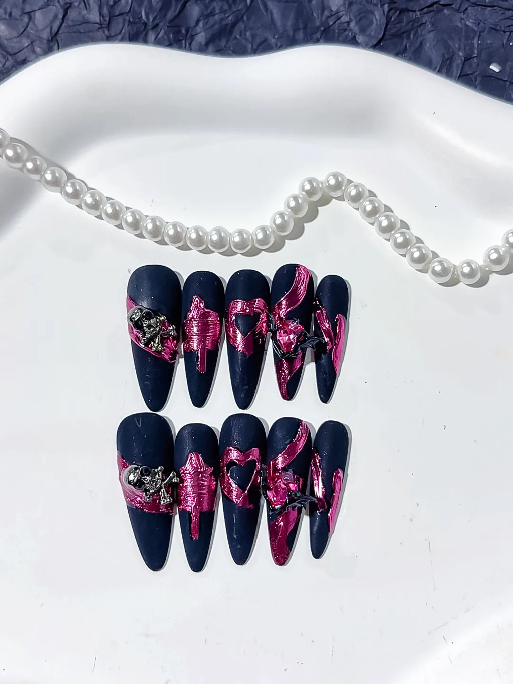 Long Black Purple Stiletto Abstract Heart Metallic Accent