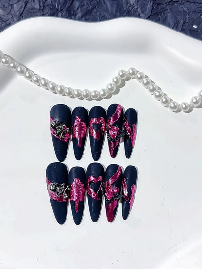 Long Black Purple Stiletto Abstract Heart Metallic Accent