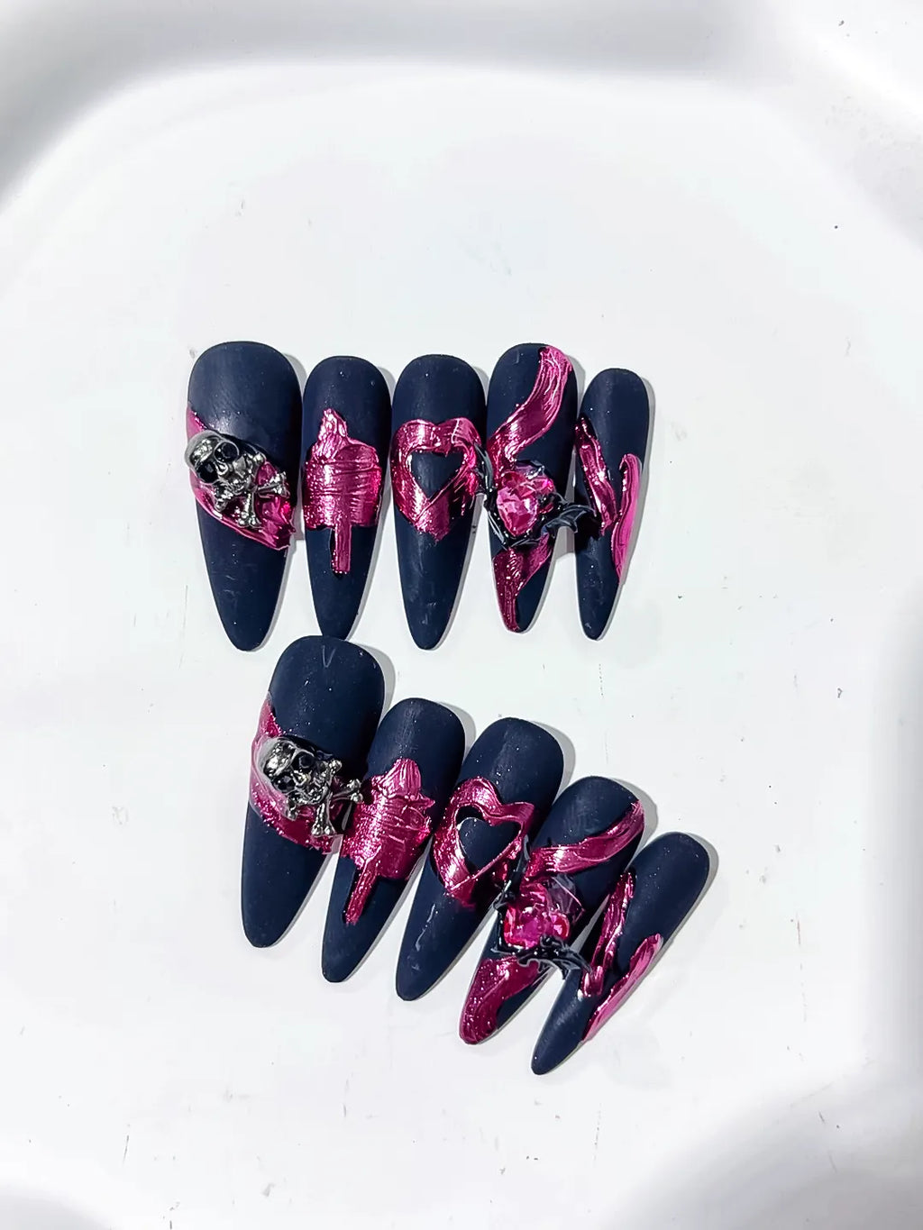 Long Black Purple Stiletto Abstract Heart Metallic Accent