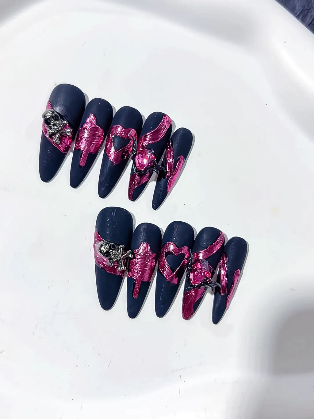 Long Black Purple Stiletto Abstract Heart Metallic Accent