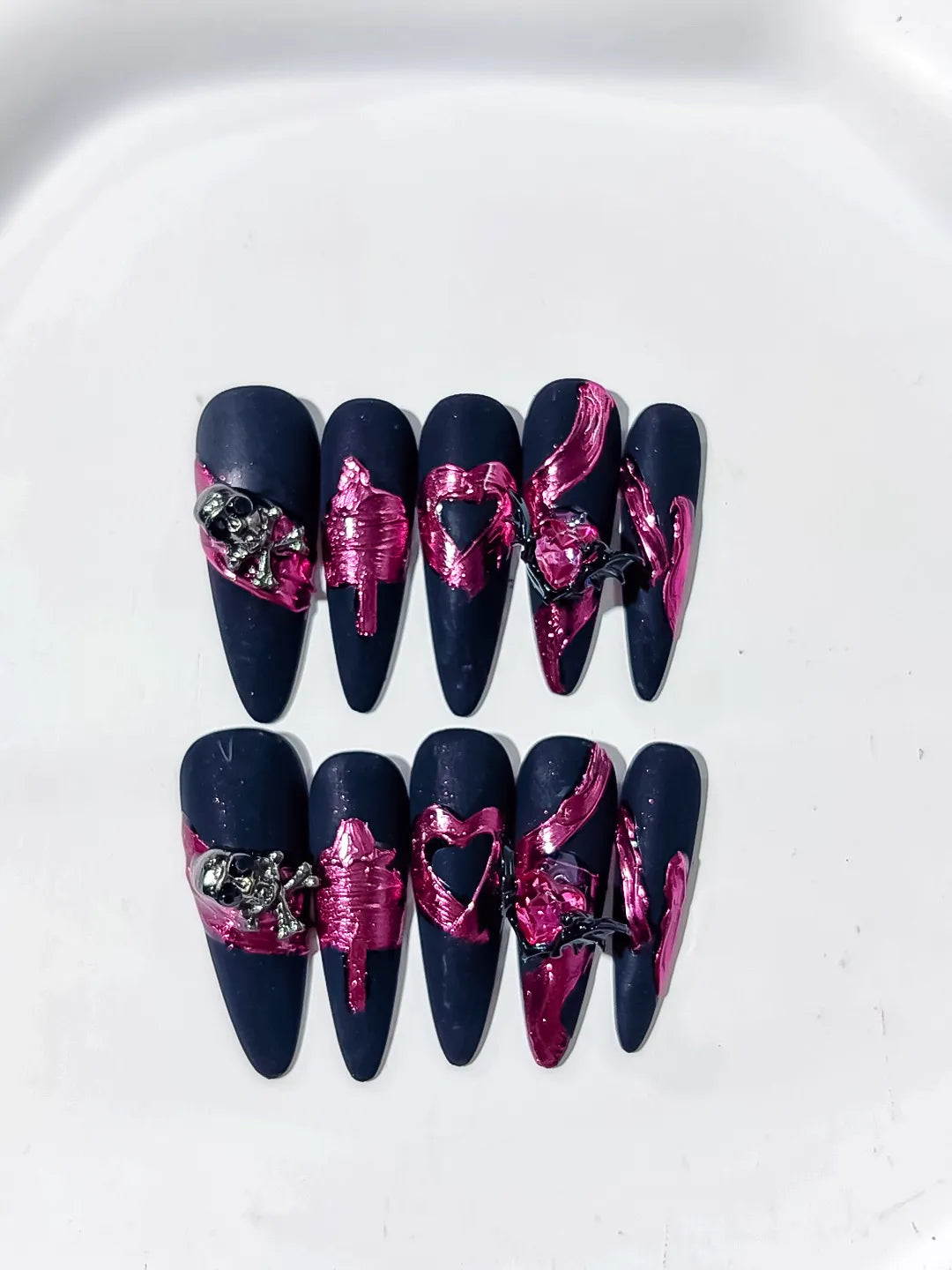 Long Black Purple Stiletto Abstract Heart Metallic Accent