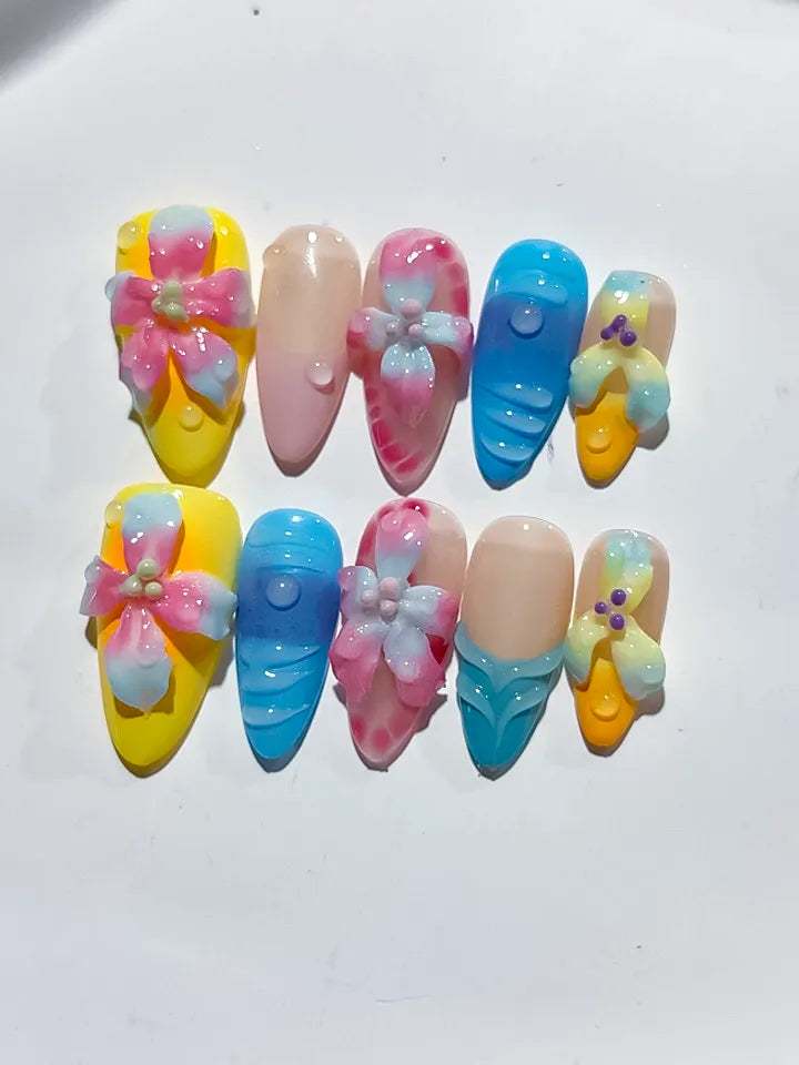 Medium Yellow Blue Almond Abstract Flower Dot