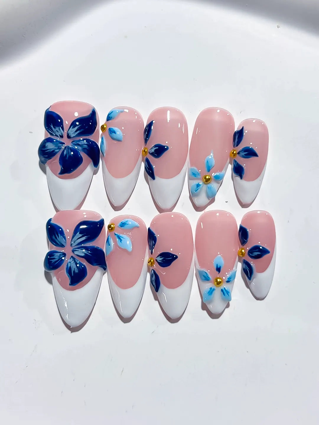 Medium Pink White Almond French tip Flower