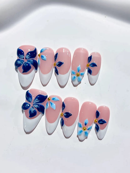 Medium Pink White Almond French tip Flower