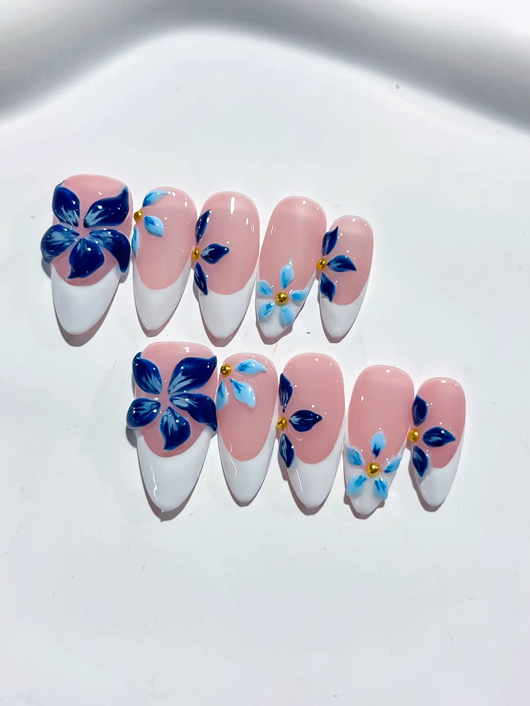 Medium Pink White Almond French tip Flower