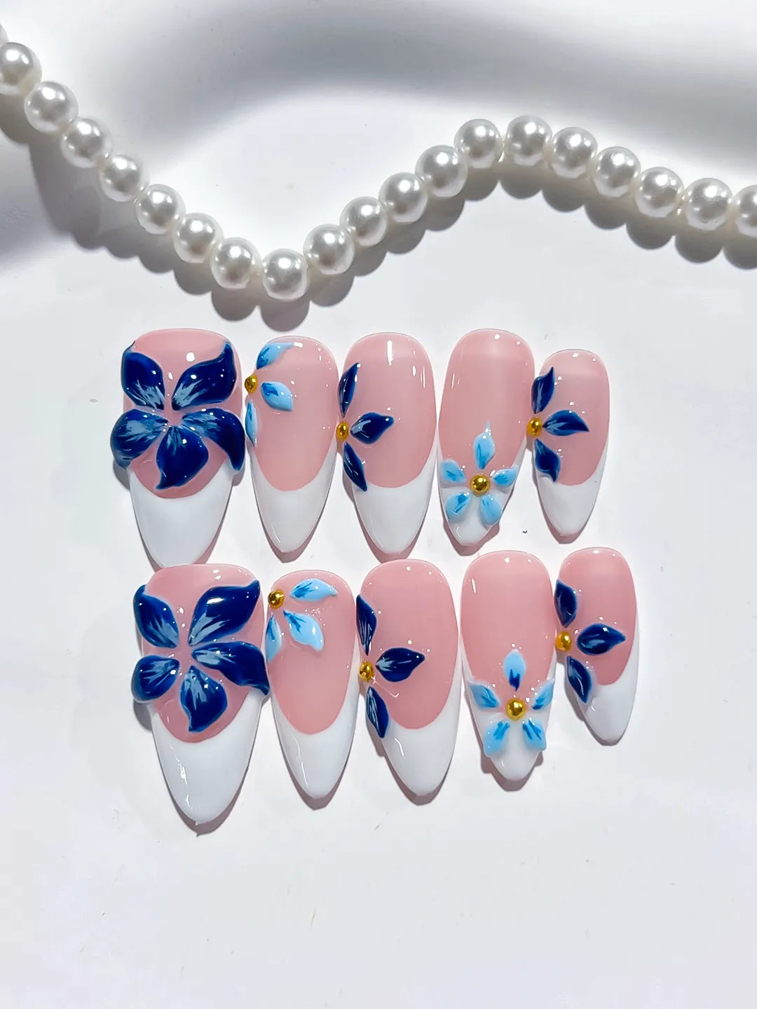 Medium Pink White Almond French tip Flower