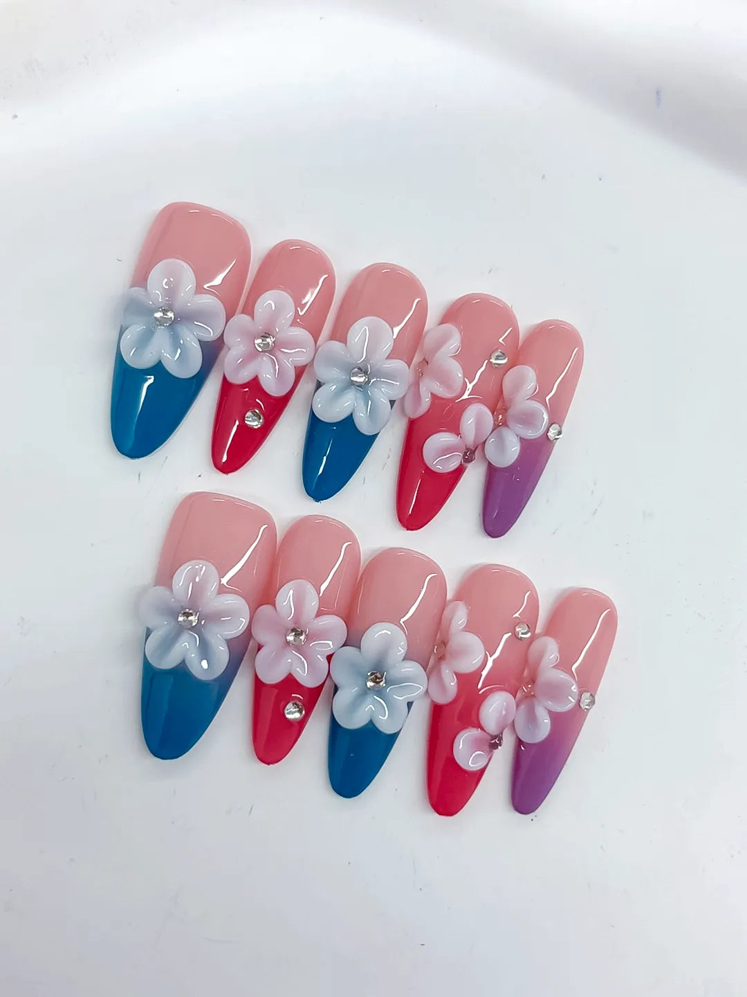 Long Pink Blue Almond French tip Flower Rhinestone
