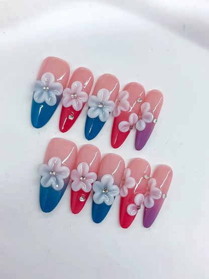 Long Pink Blue Almond French tip Flower Rhinestone