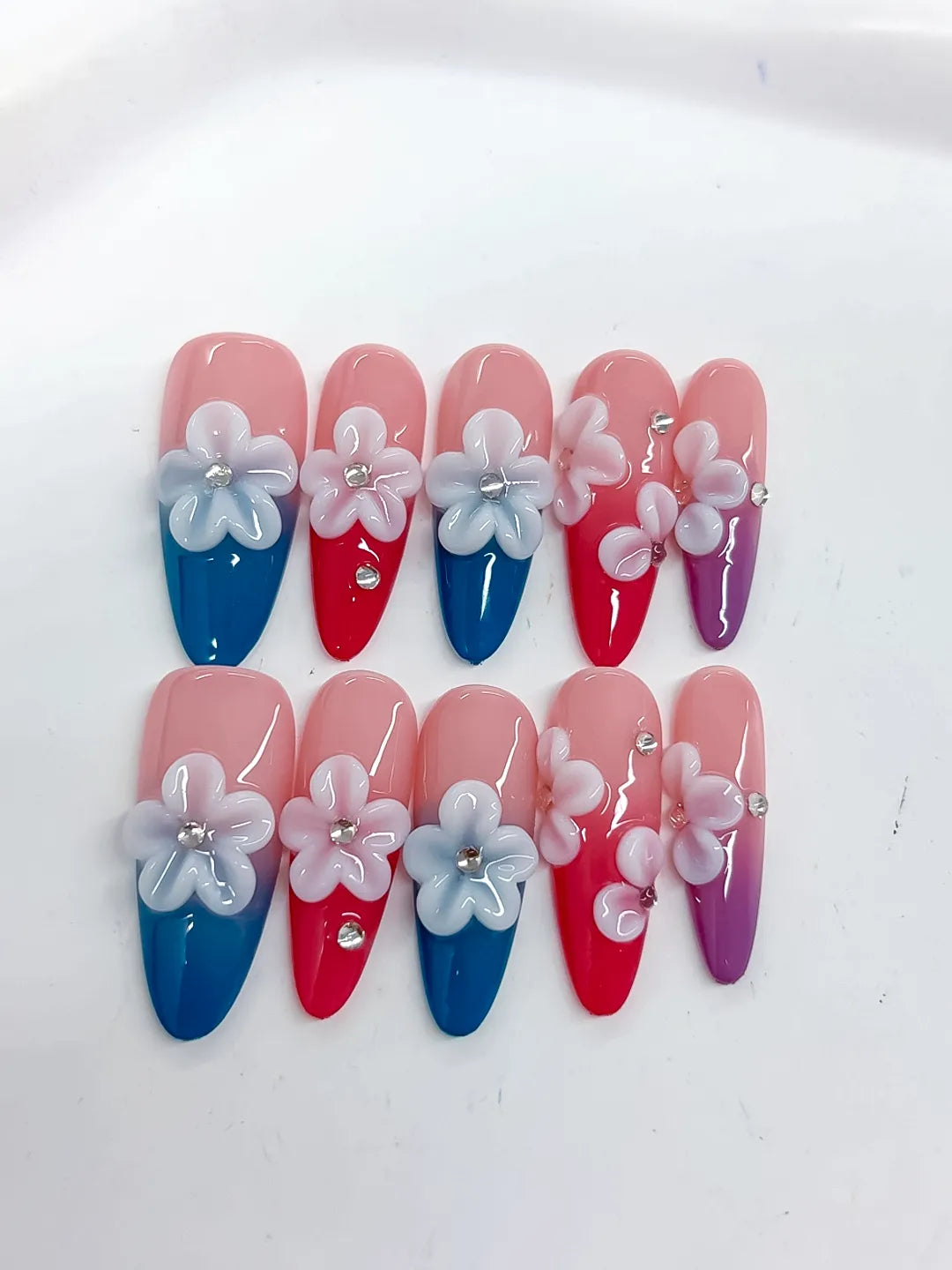 Long Pink Blue Almond French tip Flower Rhinestone