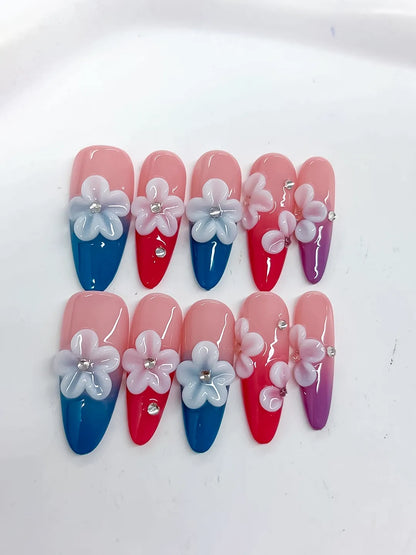 Long Pink Blue Almond French tip Flower Rhinestone