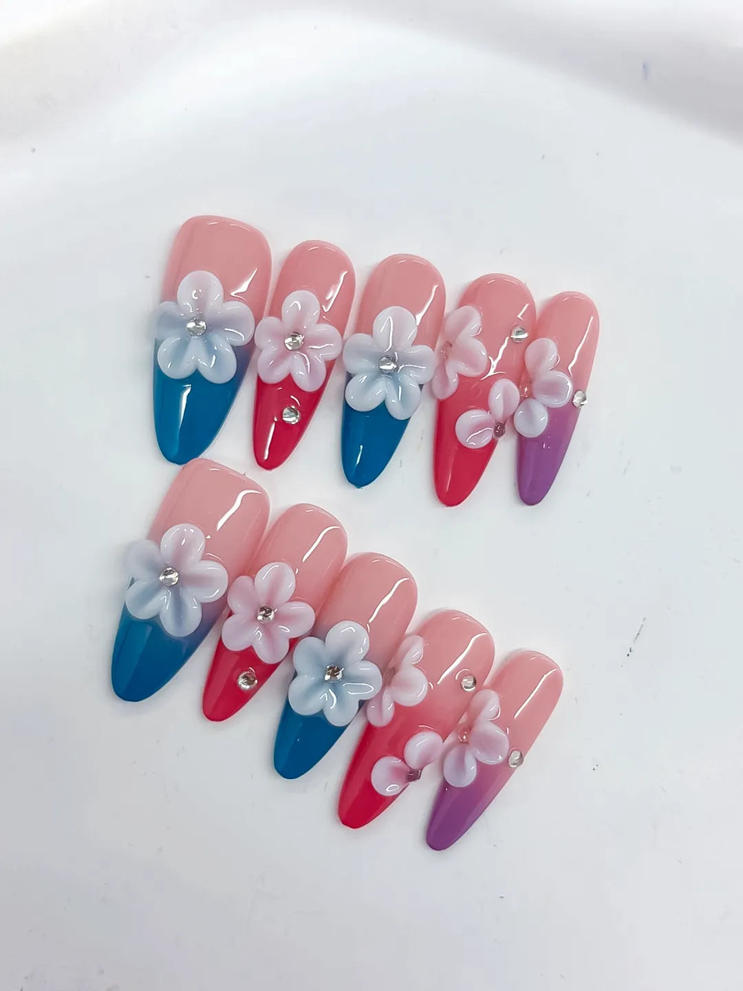 Long Pink Blue Almond French tip Flower Rhinestone