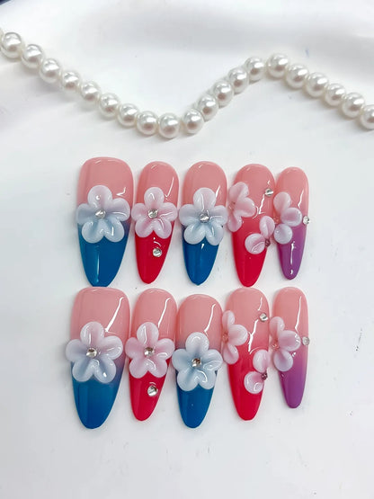 Long Pink Blue Almond French tip Flower Rhinestone