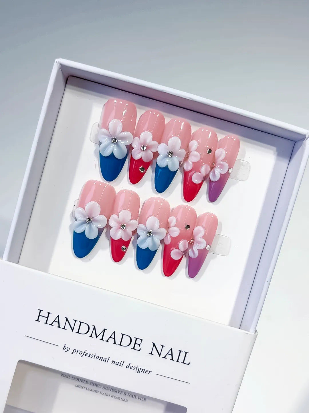 Long Pink Blue Almond French tip Flower Rhinestone