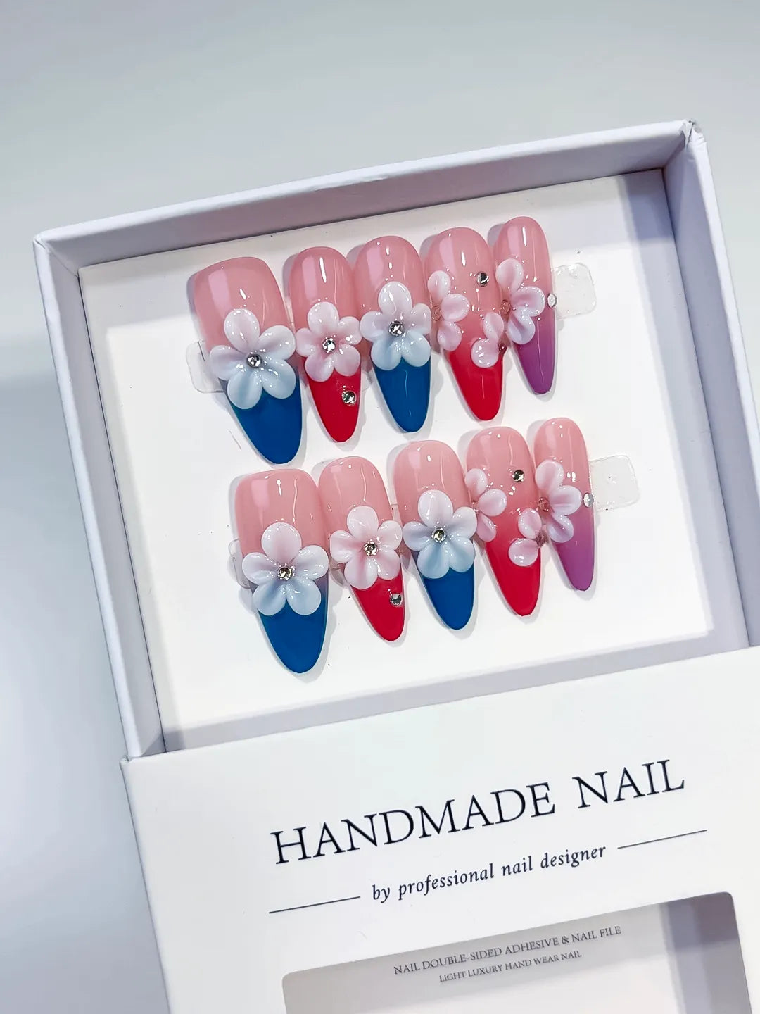 Long Pink Blue Almond French tip Flower Rhinestone