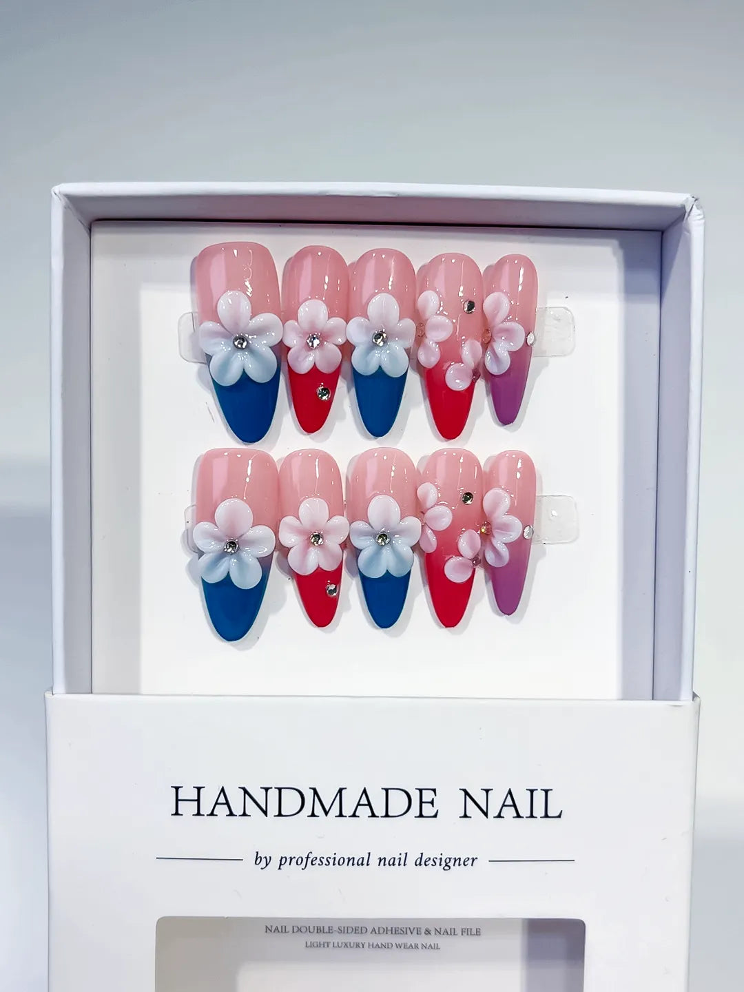 Long Pink Blue Almond French tip Flower Rhinestone