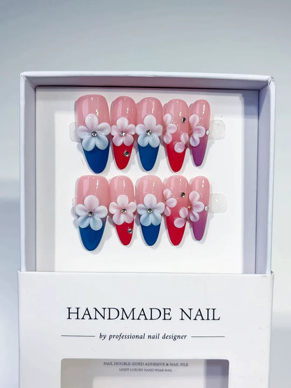 Long Pink Blue Almond French tip Flower Rhinestone