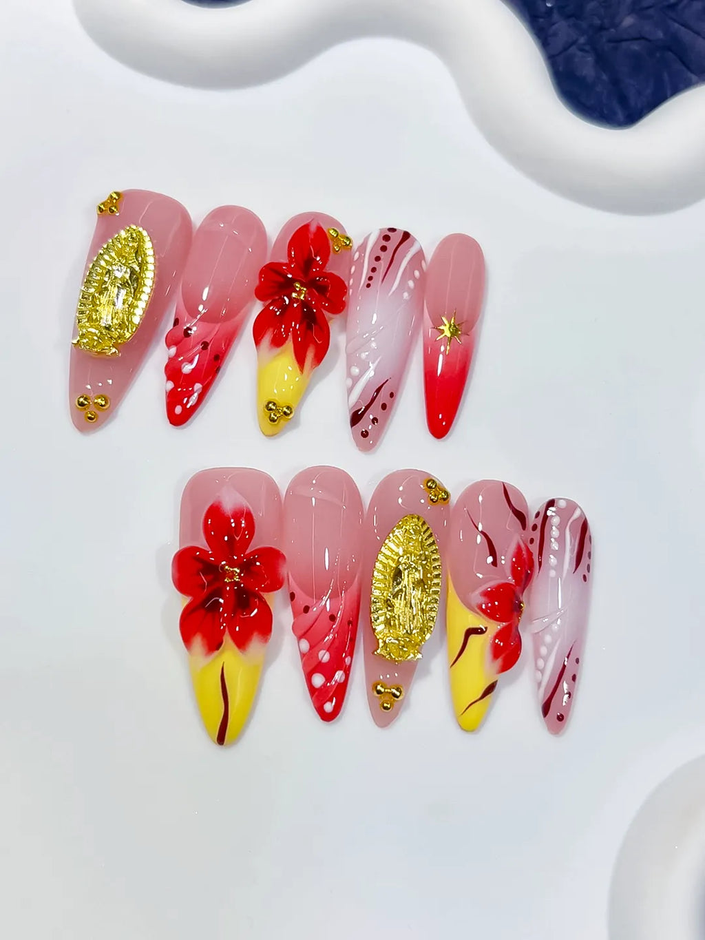 Long Pink Red Almond Abstract Flower Metallic Accent