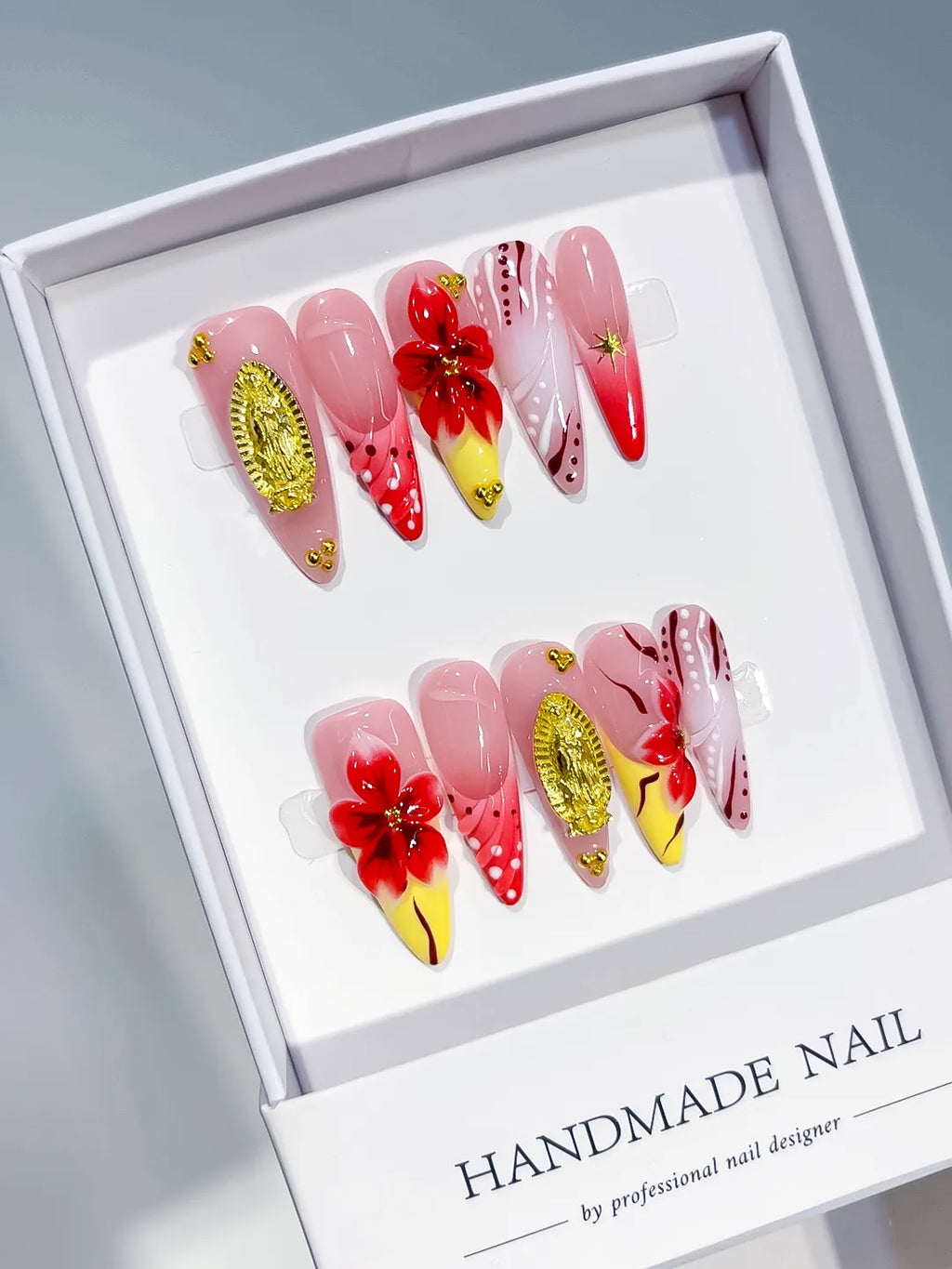 Long Pink Red Almond Abstract Flower Metallic Accent