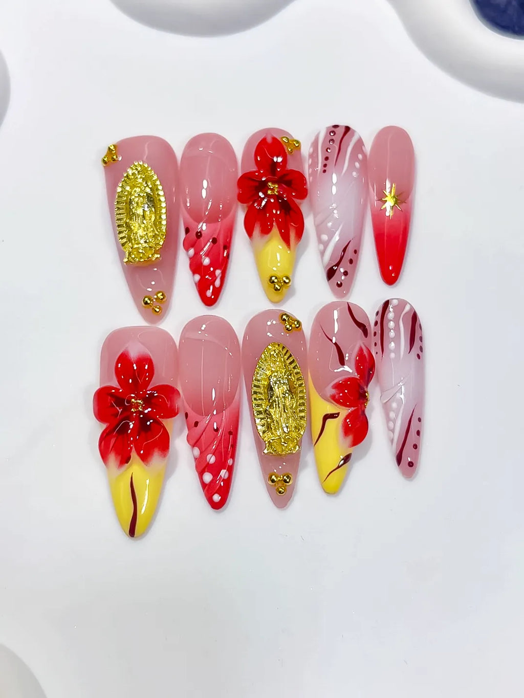Long Pink Red Almond Abstract Flower Metallic Accent