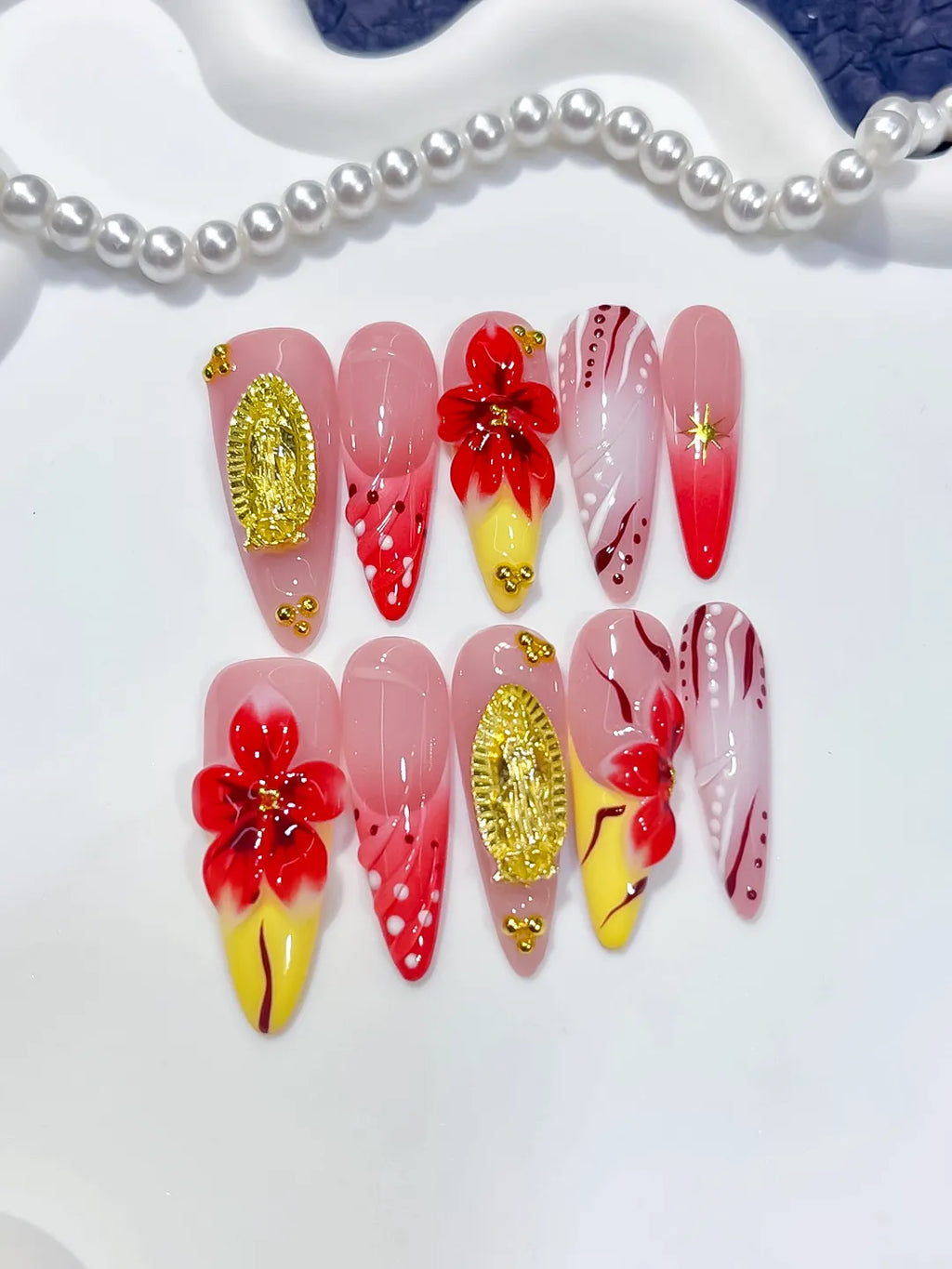 Long Pink Red Almond Abstract Flower Metallic Accent