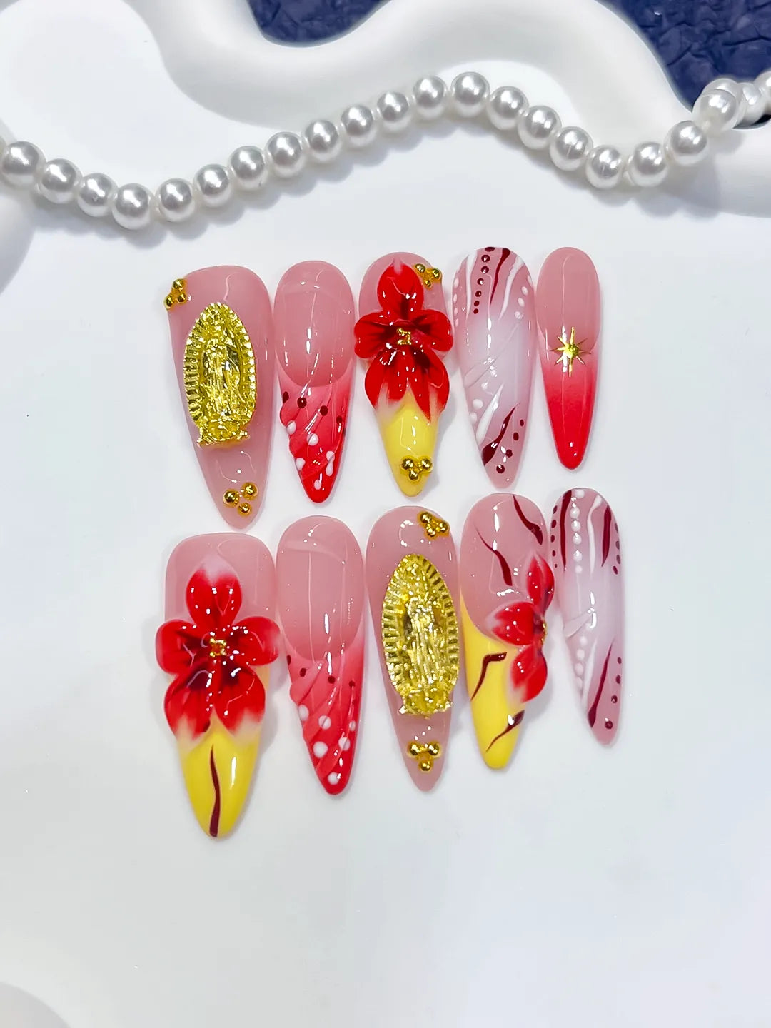 Long Pink Red Almond Abstract Flower Metallic Accent