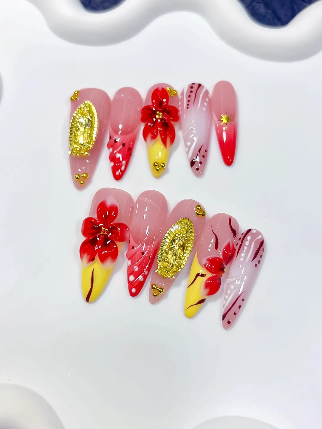 Long Pink Red Almond Abstract Flower Metallic Accent