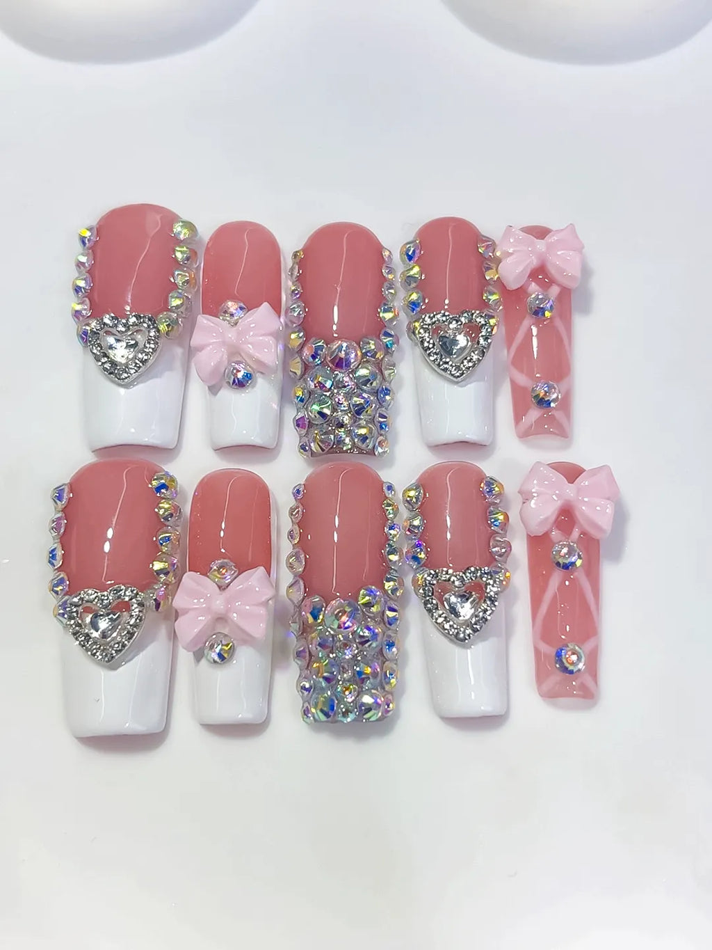 Long Pink White Square French tip Heart Bow